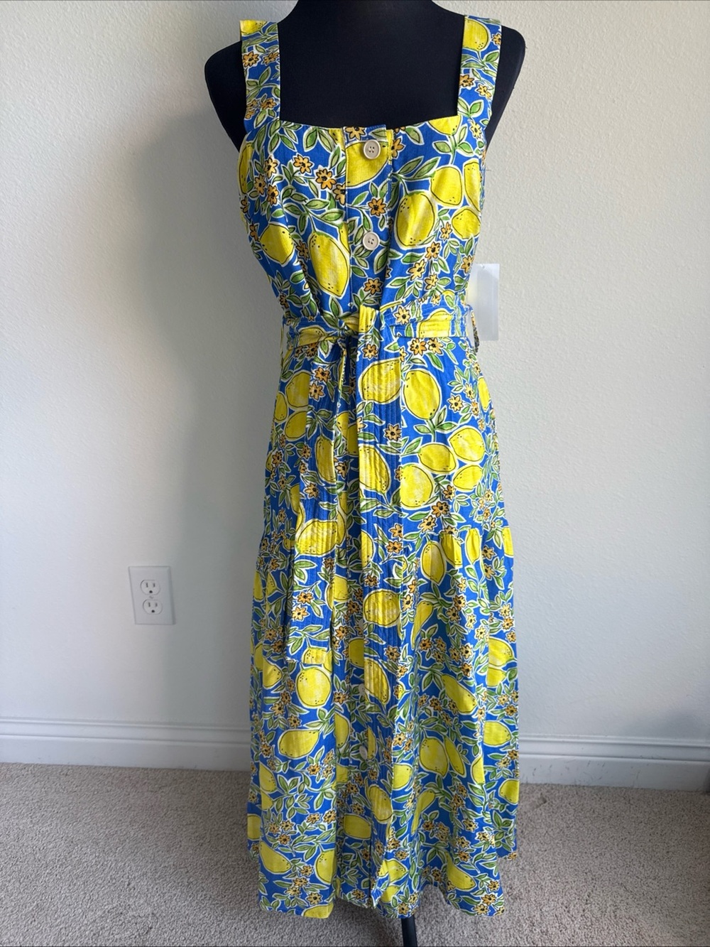 NWT TCEC Blue LEMON 🍋 Midi Dress Yellow Italy Amalfi Vacation